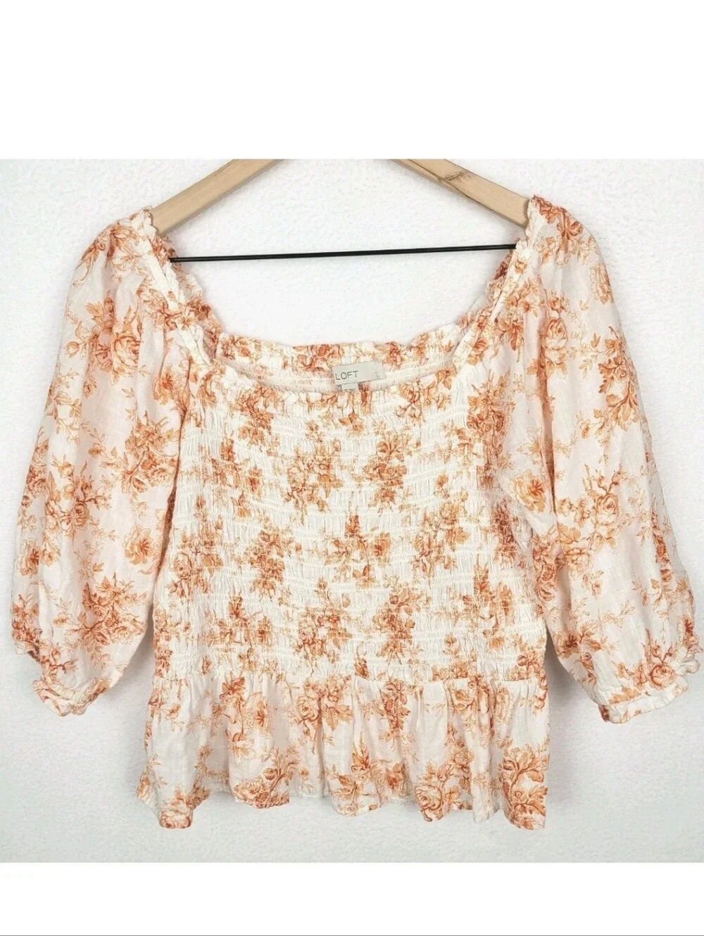 Loft Toile Smocked Peplum Blouse M Orange‎ Square Neck Puff Sleeves Peasant Boho